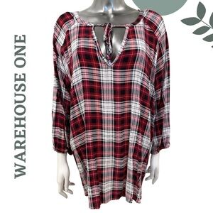 🛍️3/$40 Warehouse One Plaid Peasant Blouse – Red White Size 3X